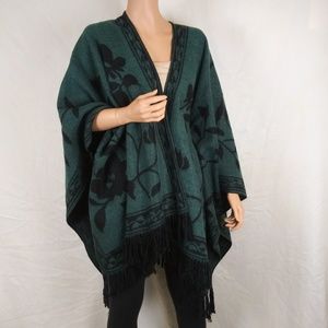 Forest Green Celtic-Style Poncho with Black Fringe, One Size